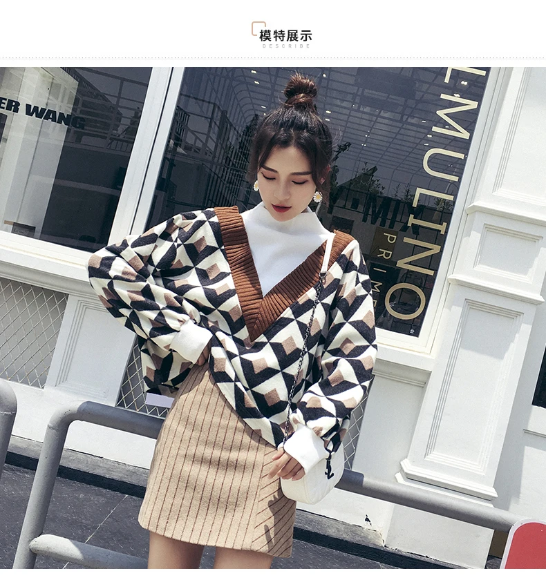 Женский модный пуловер с v-образной геометрией и высоким воротом, свитер+ полосатая мини-юбка с высокой талией, осенний комплект из 2 предметов с поясом