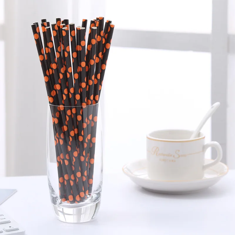 

04-Black Background Yellow Circle Halloween Decoration Straw Disposable Biodegradable Straw 25 Pack