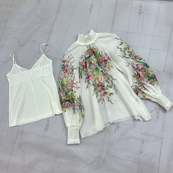 

Holiday Style Linen Blouses Tops 2020 Spring New Flowers Print Shirred Long Sleeve Elegant Loose Blouse