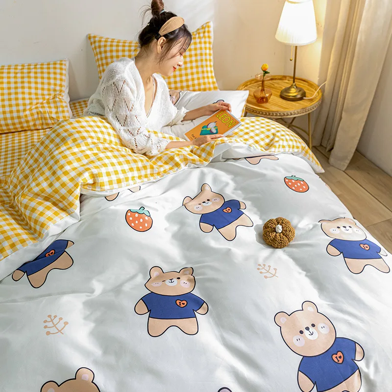 

2021 Cute Cartoon Children's Cotton Four-piece Online Celebrity Bear Sheets Girl Heart Cotton Cute Bed Sheets Queen Bedding Set