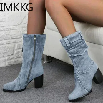 

2020 Sexy Jean Boots Women's Ankle Short Boot Winter high Heel Denim Boot Lady Stylish Jeans Boots Zipper Shoes Cowboy
