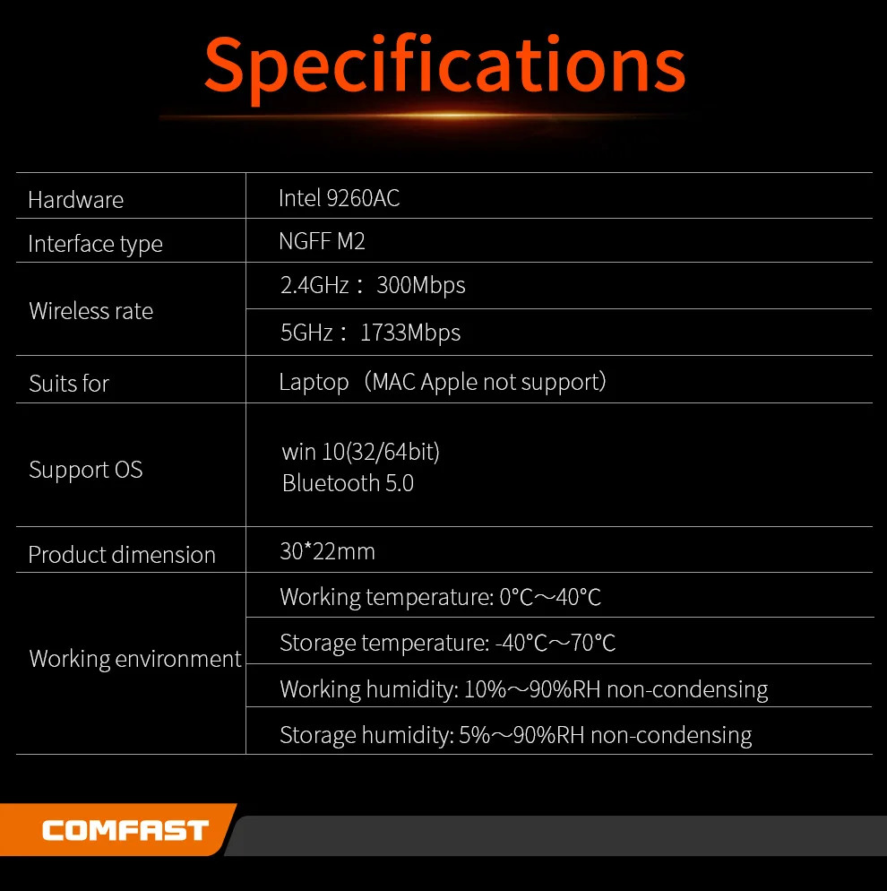 Comfast CF-WP2100 двухдиапазонный беспроводной AC Intel 9260NGW 5 ГГц 2100 Мбит/с 802.11AC MINI PCI-E Bluetooth 5,0 Wlan Wifi карта