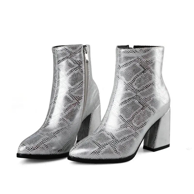 

2019 Fashion Women Boots Snake Print Square High Heels Ankle Boots Pointed Toe Zipper Boots Autumn Winter Shoes Ladies