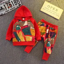 Модная одежда для малышей Детская одежда для мальчиков и девочек, бархат с капюшоном и принтом, футболка и брюки, 2 шт./компл. для малышей хлопковые спортивные костюмы для младенцев, 40