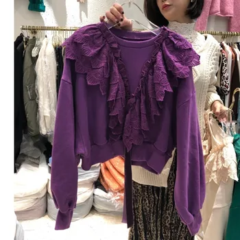 

2020 autumn new women lace embroidery lantern sleeve sweet short paragraph was thin long-sleeved sweater tide