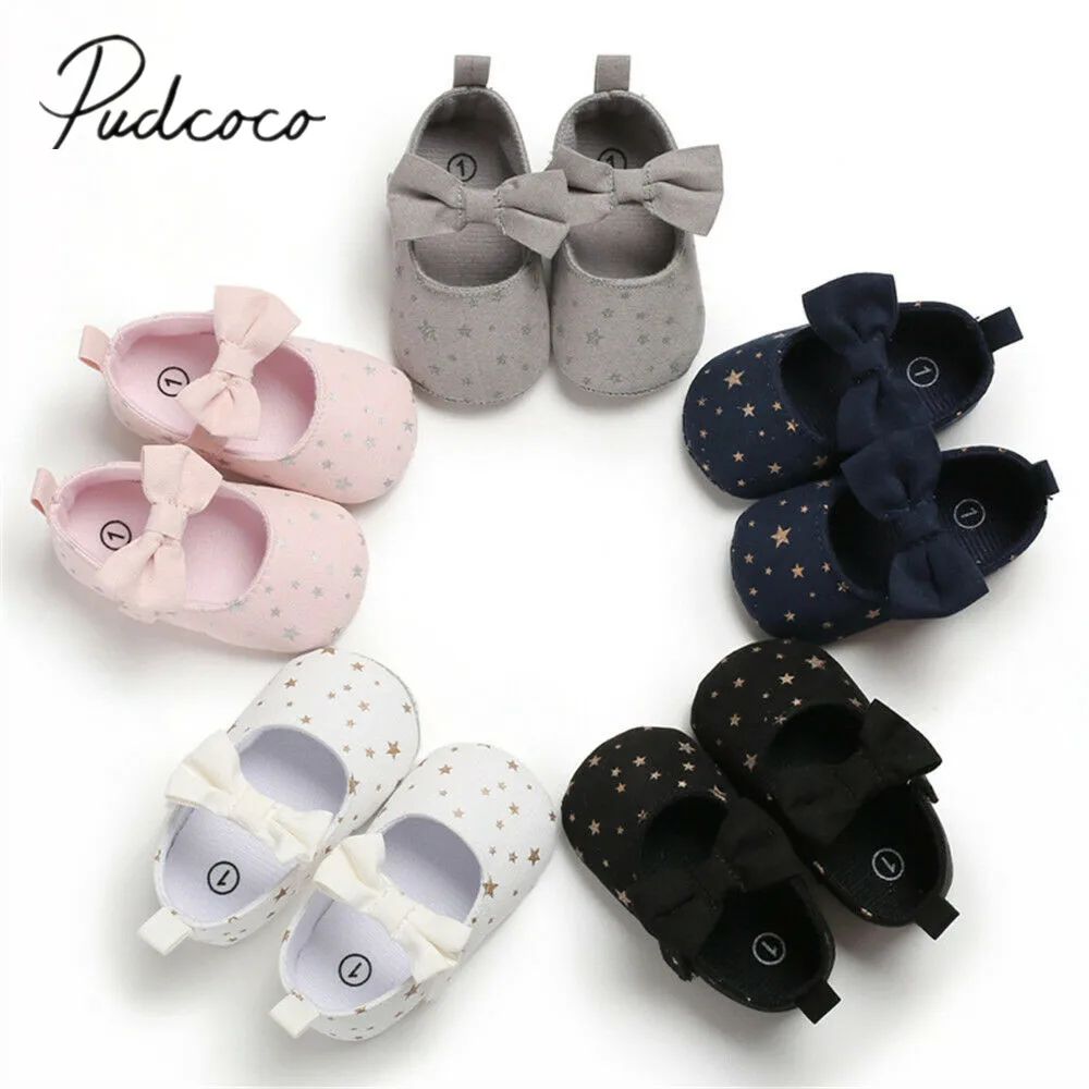 

2019 Baby First Walkers New Toddler Girl Crib Shoes Newborn Baby Bowknot Soft Sole Prewalker Stars Print Sneakers Bowknot Shoes