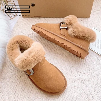 

SHUANGGUN Winter ladies snow short boots rabbit fur cowhide leather snow boots warm boots Australian boots