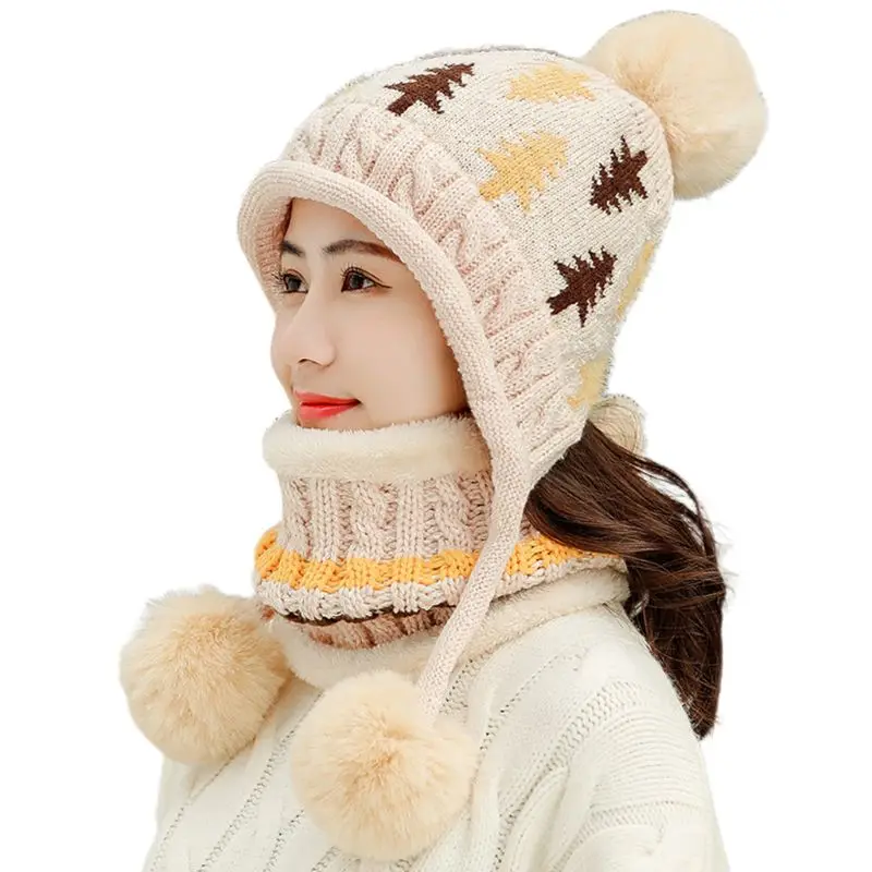 Женская вязаная шапка-ушанка с помпоном, шапка с плюшевой подкладкой, шарф бесконечности, набор C6UD - Цвет: BE