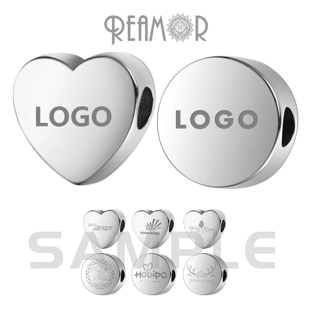 REAMOR 5 stücke 316L Edelstahl Blank Herz Runde Perle Gravieren Logo Liebe Metall Charme Perlen Für Schmuck Machen Armband DIY Bead