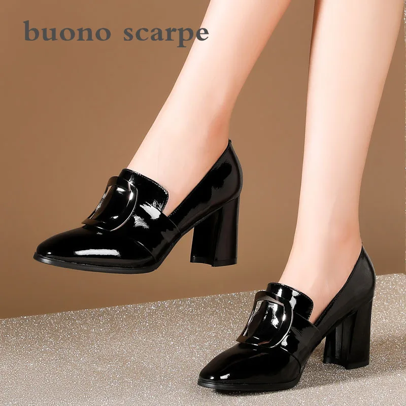 

Autumn new deep mouth single shoes female patent leather wild thick with high heel buckle British leather shoes large size shoes