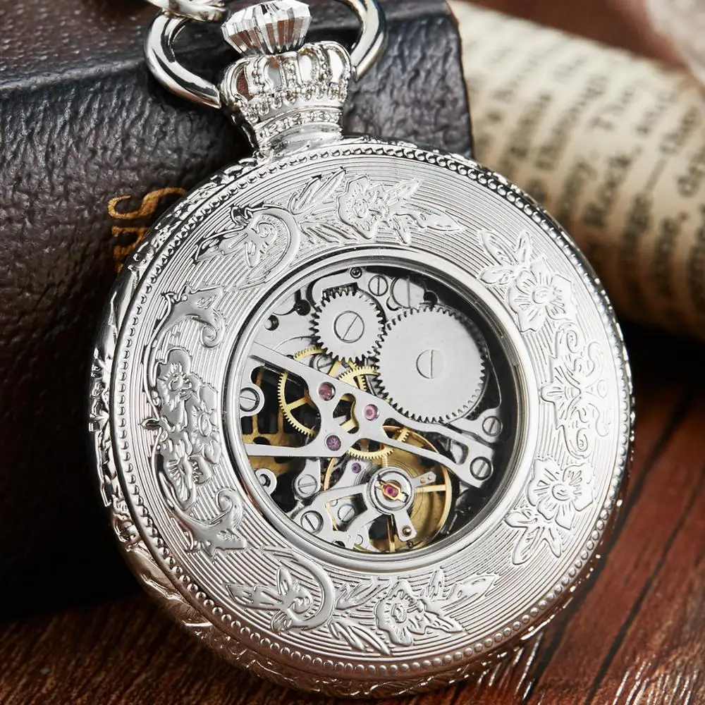 Gorben Mechanical Pocket Watch Men Bronze Skeleton Mechanical FOB Chain Necklace Clock Male Reljo Clock
