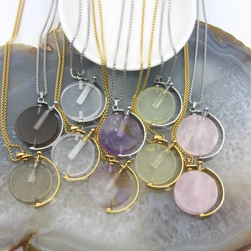 Round Shape Chakra Rose Quartzs/AmethystsPerfume Bottle Pendant Necklace,Healing Lemon Crystal Essential Oil Diffuser Vial