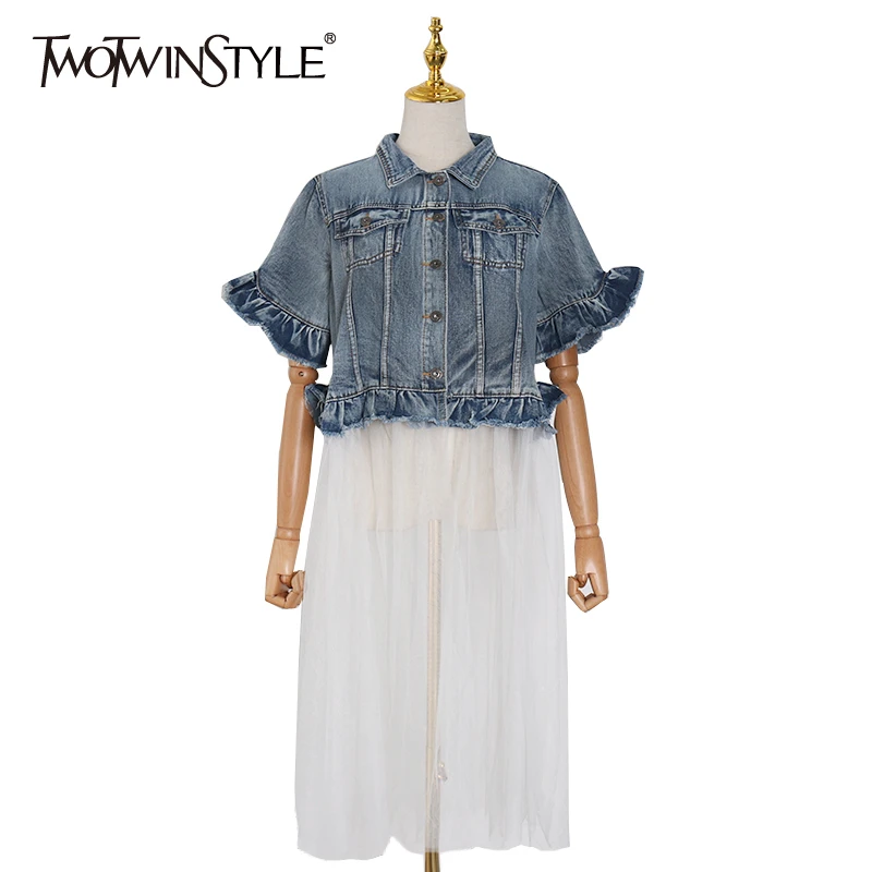 

TWOTWINSTYLE Denim Patchwork Mesh Women's Jacket Lapel Collar Short Sleeve Ruffle Jacket Female 2020 Streetwear Spring Fashion