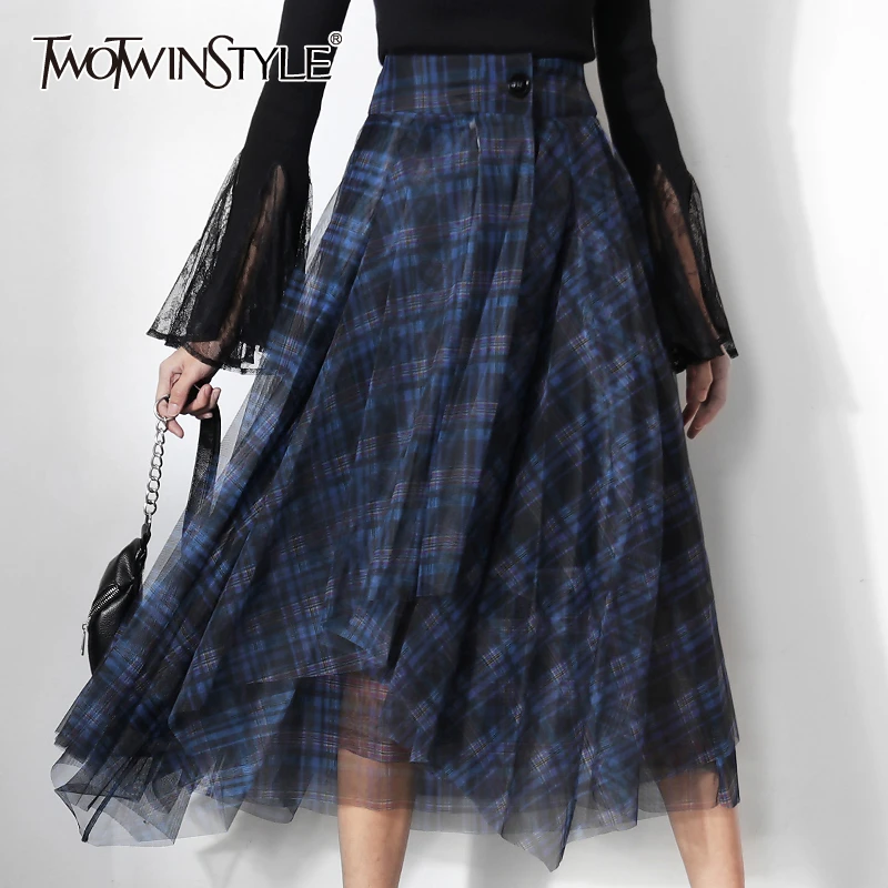 TWOTWINSTYLE Casual Plaid Patchwork Mesh Women's Skirts High Waist Hit Color Elegant A Line Skirt Female 2020 Spring Fashion New | Женская