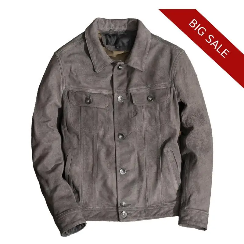 

2020 Vintage Grey Men Smart Casual Leather Jacket Single Breasted Plus Size XXXXL Genuine Cow Suede Autumn Fashion Leather Coat
