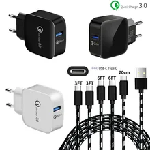 Для samsung Galaxy S8 S9 S10 A5 A7 Xiaomi mi 8 9 a2 Red mi K20 OnePlus 7 телефон type C USB провод QC 3,0 Адаптивное быстрое зарядное устройство