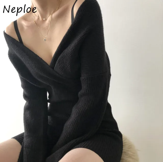 Neploe Solid Color Sexy Cross V-neck Dress Autumn Chic High Waist Knitted Bodycon Dresses Women Soft Casual Simple Vestidos 3