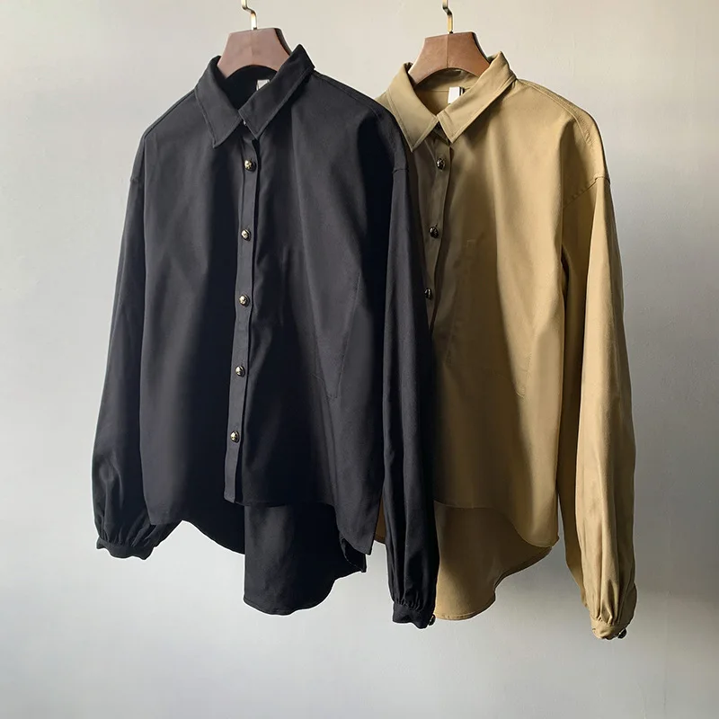Women Long Lantern Sleeve Blouse Turn-Down Collar Irregular Hem Single Breasted Simple Female Fashion Shirts | Женская одежда
