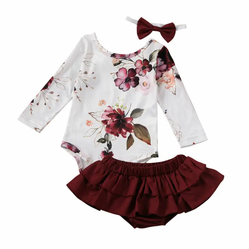 

3PCS Sweet Toddler kids Baby Girls Romper Floral Long Sleeve Jumpsuit Ruffle tutu Skirt Headband Outfit Clothes Sets Top 0-12M