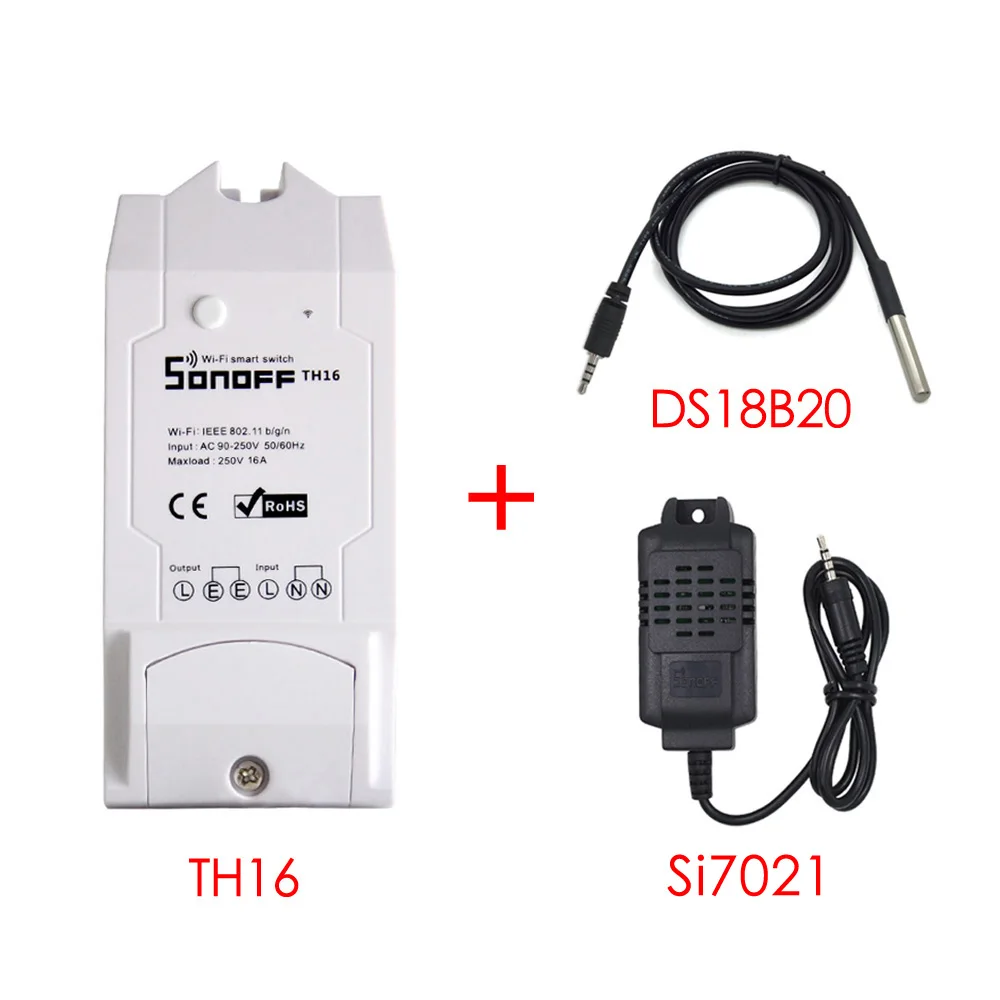 Sonoff TH16 TH10 умный Wifi переключатель 16A 10A с датчиком контроля температуры и влажности умный дом автоматизация - Комплект: TH16 DS18B20 Si7021
