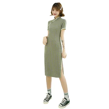 

Oversize 3XL High Split Elegant Rayon Female Qipao Chinese Style Print Flower Evening Party Cheongsam Vintage Short Sleeve Dress