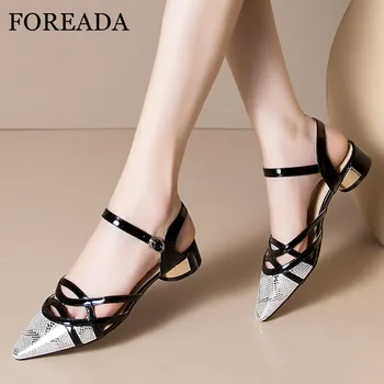 

FOREADA Women Slingbacks Pumps Real Leather Med Heels Sheepskin Thick High Heel Shoes Pointed Toe Female Footwear Silver Size 42
