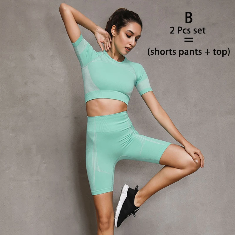 B green set 2 Pcs Женский комплект для йоги, фитнеса, спортивные костюмы для йоги, сексуальные женские топы с пупком, облегающие шорты для пробежки, тренировочный костюм, спортивный тренировочный комплект - Цвет: B green set 2 Pcs