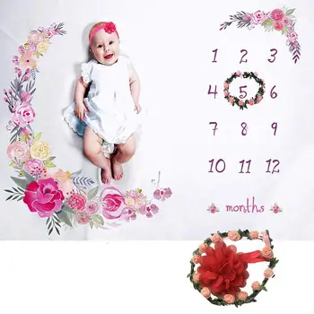 

Baby Milestone Blanket Girl Boy Newborn Photography Flannel Flower Baby Monthly Blanket with Floral Wreath Headband for Infant