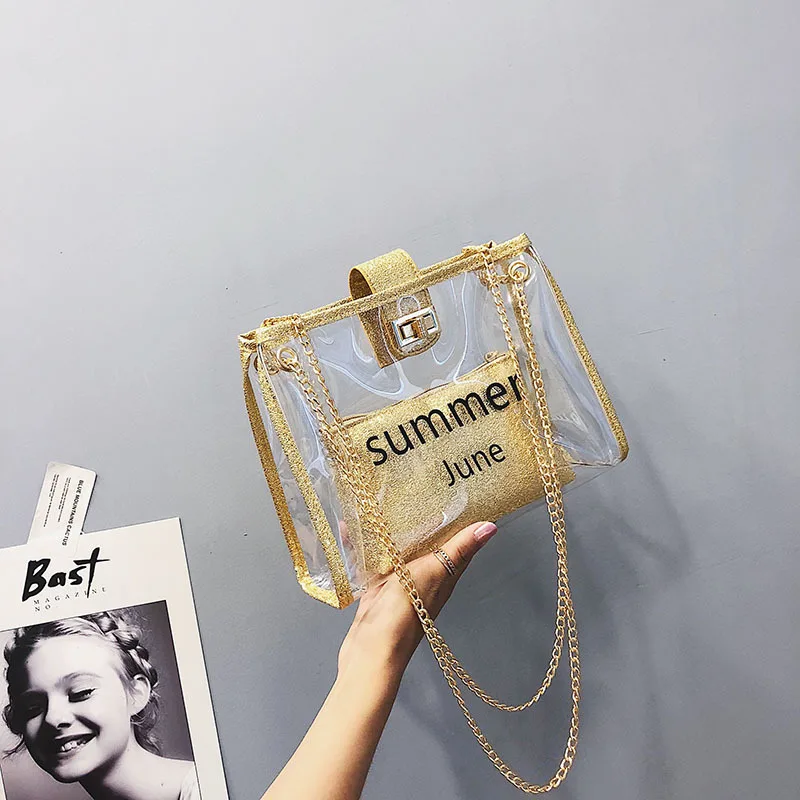 

Bag Women's 2018 Summer New Style Fashion Chain Simple Shoulder Bag Korean-style Transparent Versatile Lettered Shoulder Square