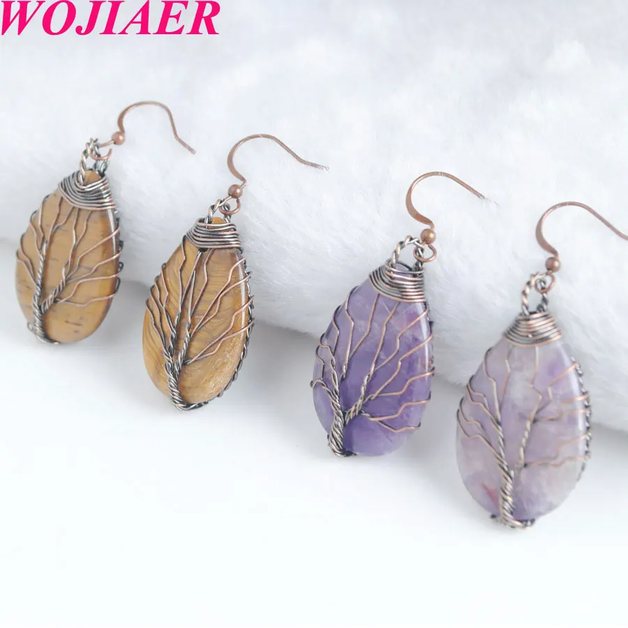 

WOJIAER Tribal Copper Earring Dangle Drop Earrings Water Drop Tree of Life Wire Wrap Earring For Natural Stone Jewelry PBV910
