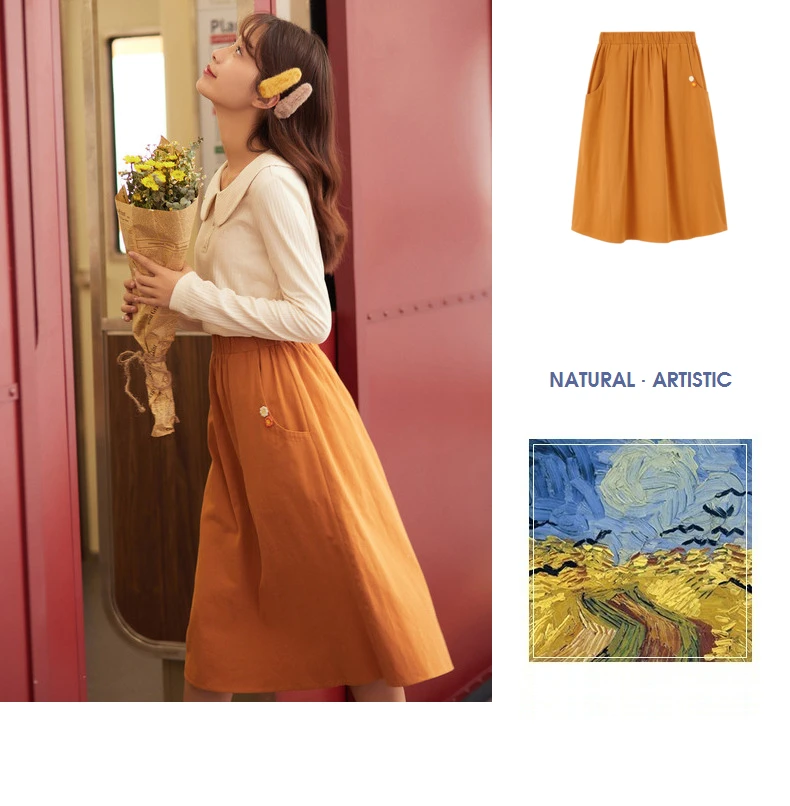 INMAN 2020 Autumn Winter New Arrival Skirt High Waist Pure Cotton Embroidered Elastic Waist Solid Color Temperament Skirt