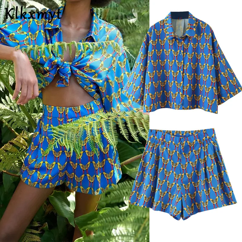 Klkxmyt-Conjunto de dos piezas para mujer, blusa holgada con estampado de moda de ala de murciélago, blusa recortada de manga corta para PLAYA + conjunto de pantalones cortos informales con cintura elástica