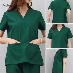 Сплошной цвет Медицинские костюмы медсестры униформа v-образным вырезом медицинская форма женщина лаборатория хирургический костюм