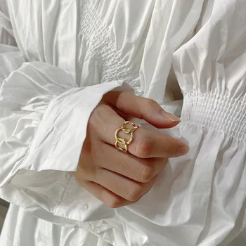 

High Quality Authentic S925 Sterling Silver Jewelry Golden Open oval Circle interlocked Geometric Rings Long adjust TLJ1020