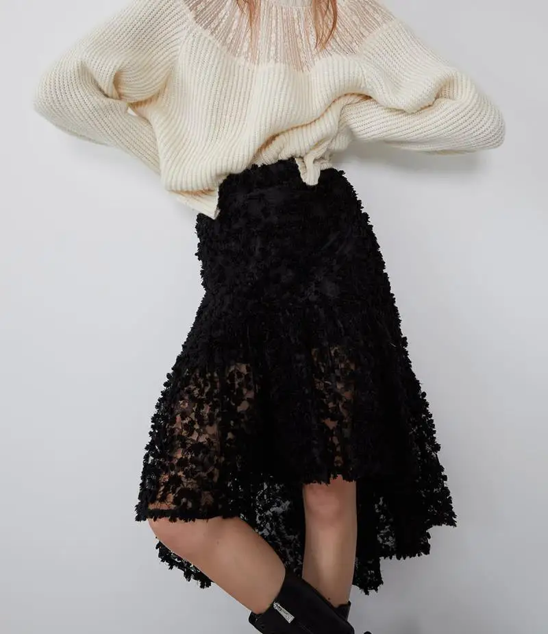 

European Sheet Autumn Personality Paragraph Embroidered Laminated Women's Lace Decoration Non-symmetrical Hem Black Overskirt