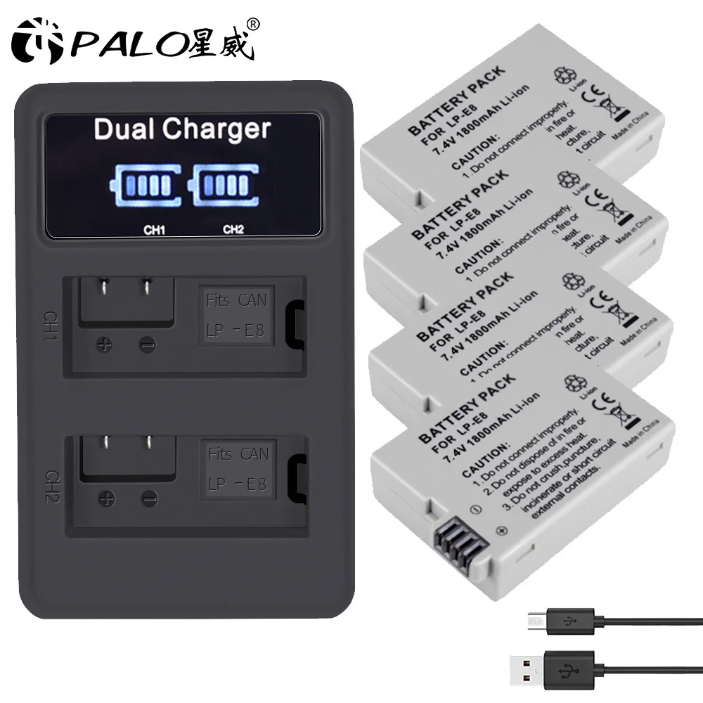 

PALO 4Pcs LP-E8 LP E8 LPE8 1800mAh camera Battery + LCD Dual Charger For Canon EOS 550D 600D 650D 700D Rebel T2i T3i T4i T5i
