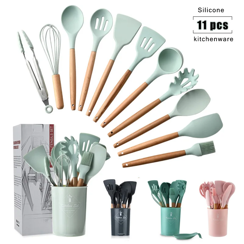 

11/PCS silicone kitchen utensils solid wood handle silicone cookware storage barrel non-stick shovel kitchen cooking tools set