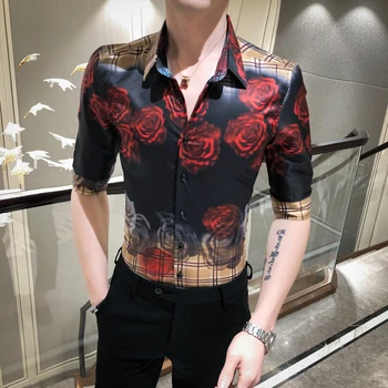 

Shirt Men Fashion Rose Print Slim Five-point Sleeve Shirts Male Personality Social Party Dress Blouse Summer New Arrival