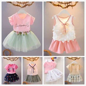 

Baby Gilrs Dress Sets Summer Floral Princess Tops TuTu Skirt Cotton Lovely Clothes T Shirt Shorts Toddler Child 1-9Years Cloth