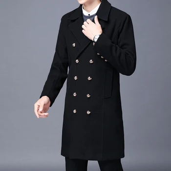 

2020 Fashion Autumn Winter Classic Men Trench Slim Wool Coats Double Button Woolen Coats Long Outwear Black