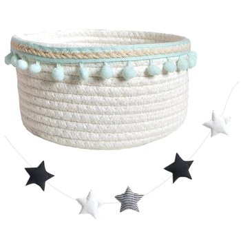 

1Pcs Round Cotton Rope Storage Basket Blue & 1 String Star Garlands Kids Room Wall Decorations Photography Props Black