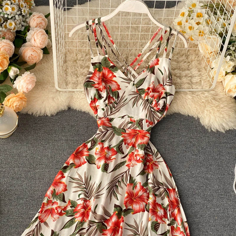 Neploe Sexy Open Back Bohemian Holiday Long Dress High Waist Hip Cross Design Print A Line Vestido V Neck Sleeveless Camis Ropa