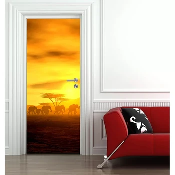 

3d Elephants Sunset Scenery Door Sticker Print Picture Self Adhesive Waterproof Wallpaper Home Decor Wall Art Kids Room Paste