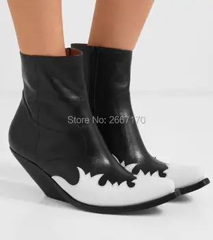 

Fashion Women Wedge Ankle Boots Mixed Color Strange Heels Pointed Toe Zipper Boots Botas Mujer 2019 Booties Ladies