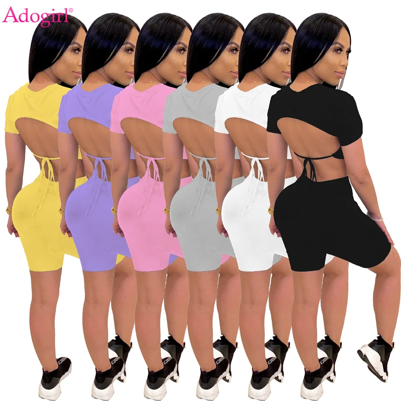 Adogirl Backless Lace Up Solid Two Piece Set 2020 Summer Trendy Short Sleeve T Shirt Crop Top Shorts Women Tracksuit Home Suits