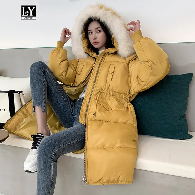 

Ly Varey Lin Winter Women Cotton Jacket Coat Large Faux Fur Collar Hooded Cotton Padded Medium Long Parkas Casual Loose Outwear