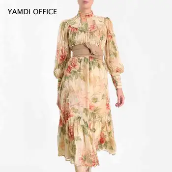 

autumn winter long dress vintage casual elegant print floral long sleeve belt turtlen slim runway high quality ruff chic women