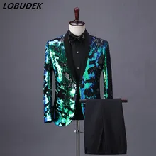 Зеленый/красный/синий/Золотой флип блёстки Блейзер костюм куртки роскошный мужской моды тонкий пальто с пайетками ночной клуб сцена для свадебной вечеринки смокинг