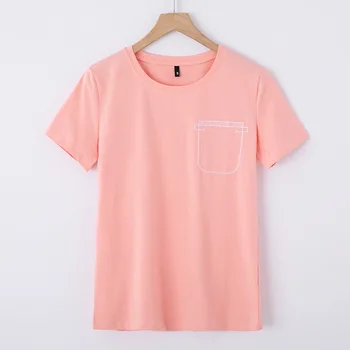 

2020 WOMEN Solid color t-shirt women's short-sleeved summer dress simple new embroidery pocket round neck slim coat women