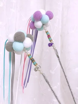 

Cat Teaser Candy-Colored Glutinous Rice Furry Ball Tassels Pet Supplies Toy Cat Pearl Bell Color Magic Wand